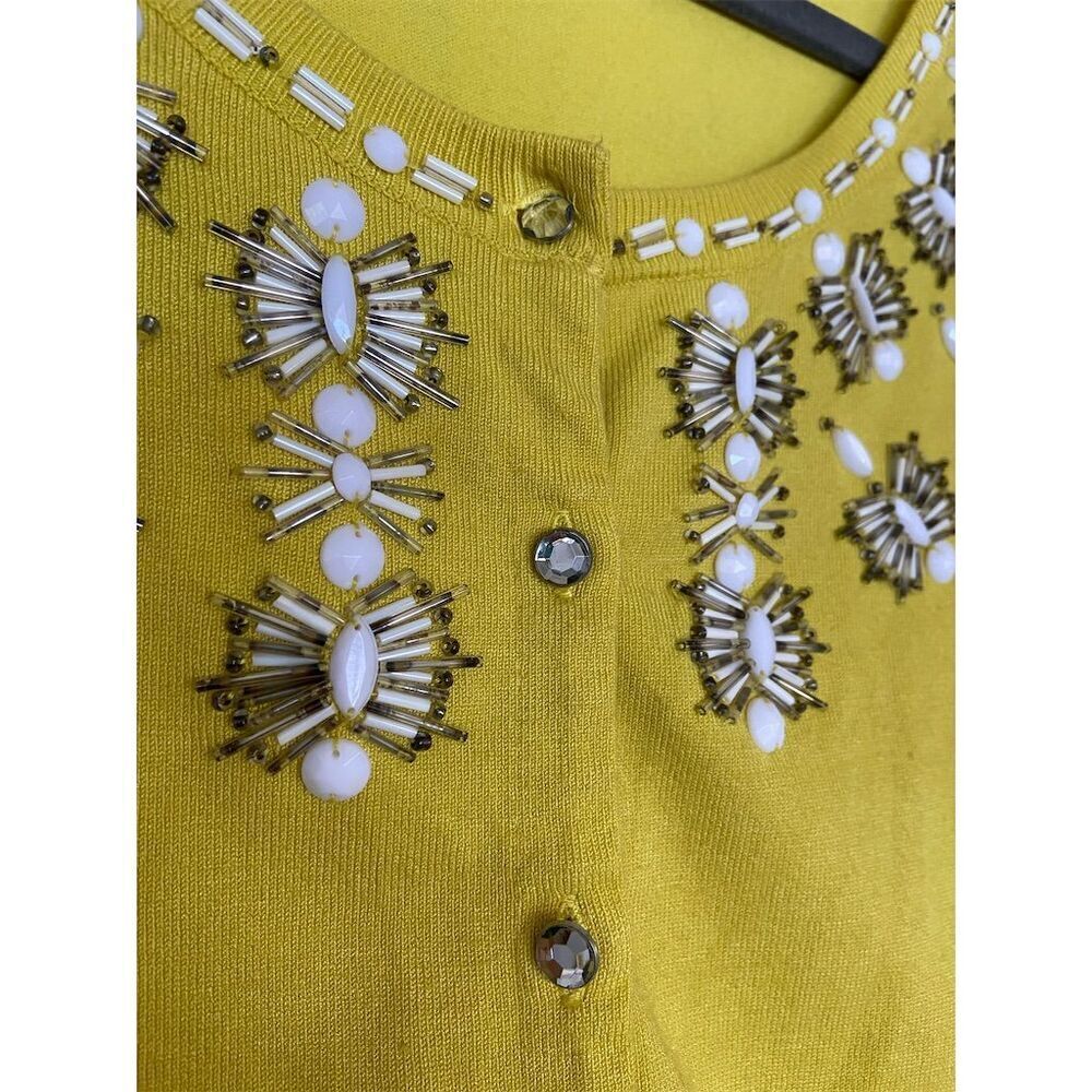 INC Women's Beaded Cardigan XL Yellow Short Sleeve Button-Up Sweater - Picture 4 of 5